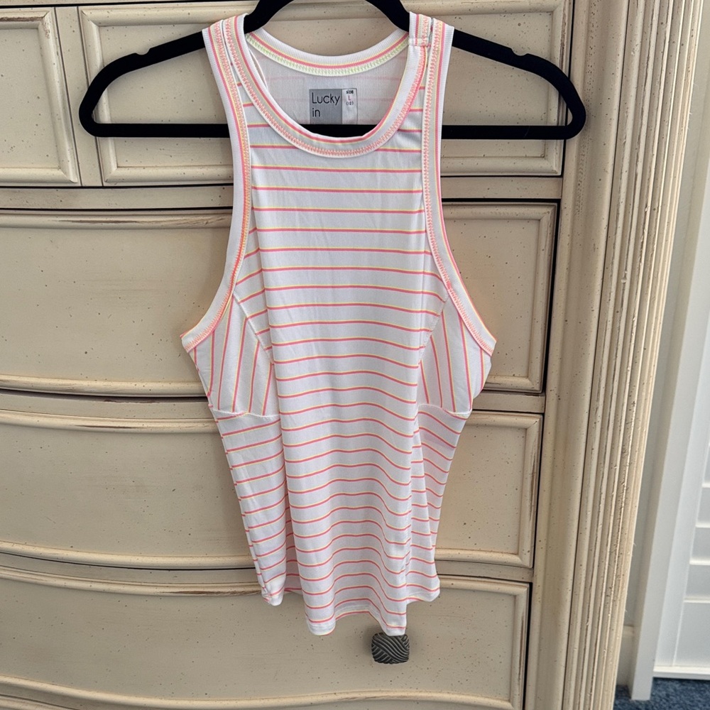 Lucky in Love Women's Tank Top - White with Pink Stripes